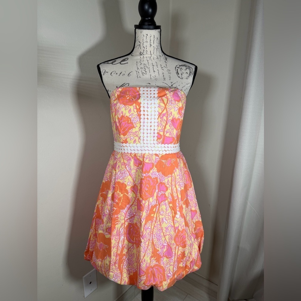🧡Lilly Pulitzer#vintage Strapless Dress in Pink and Orange Floral